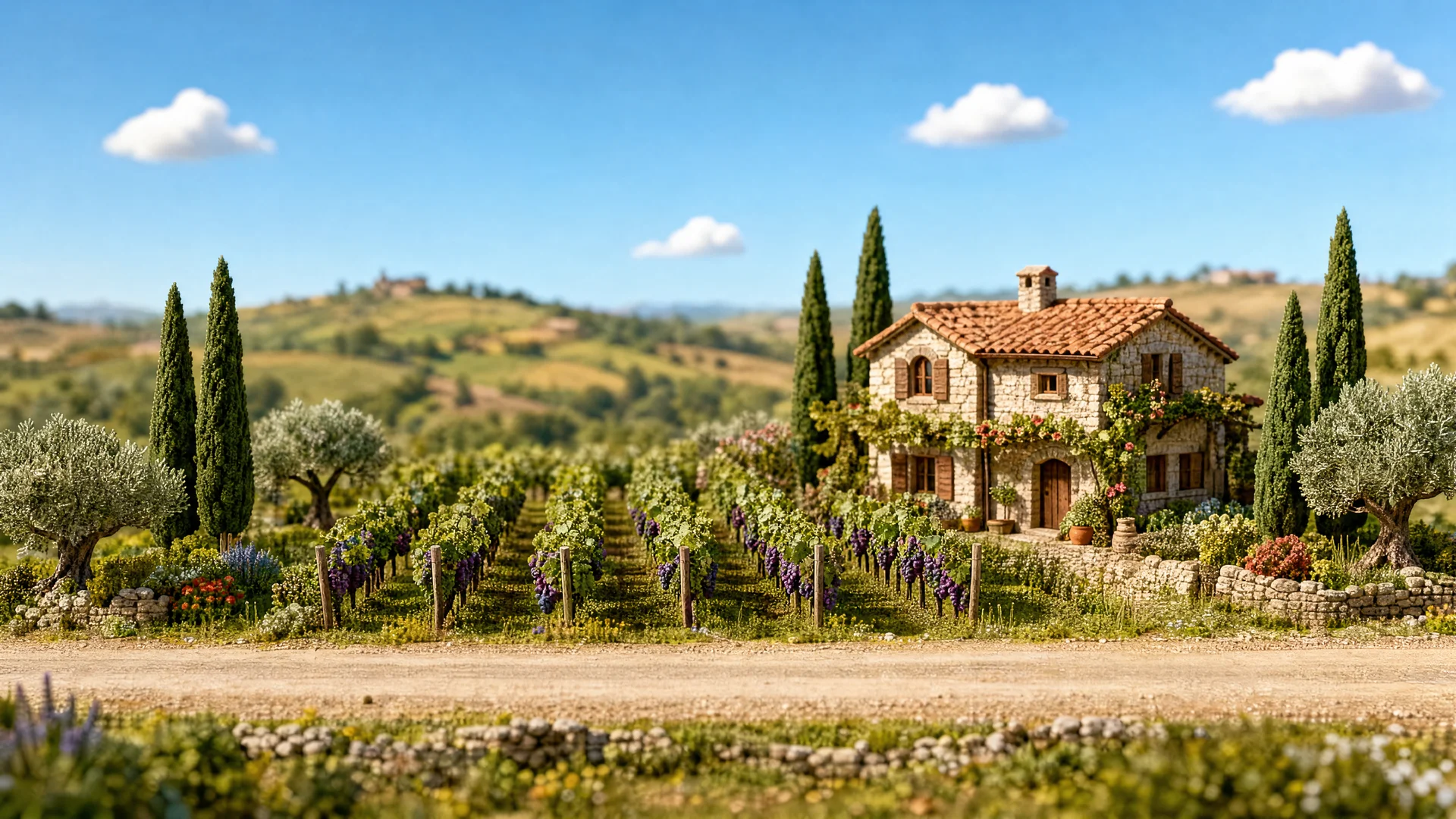 A miniature tilt-shift scene: a stone farmhouse above terraced vines, with a dirt road running along the front.